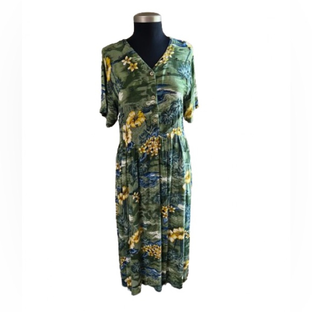 hoKus poKus Vtg Floral And Palm Tree Dress Partial Button Down In Front Size L